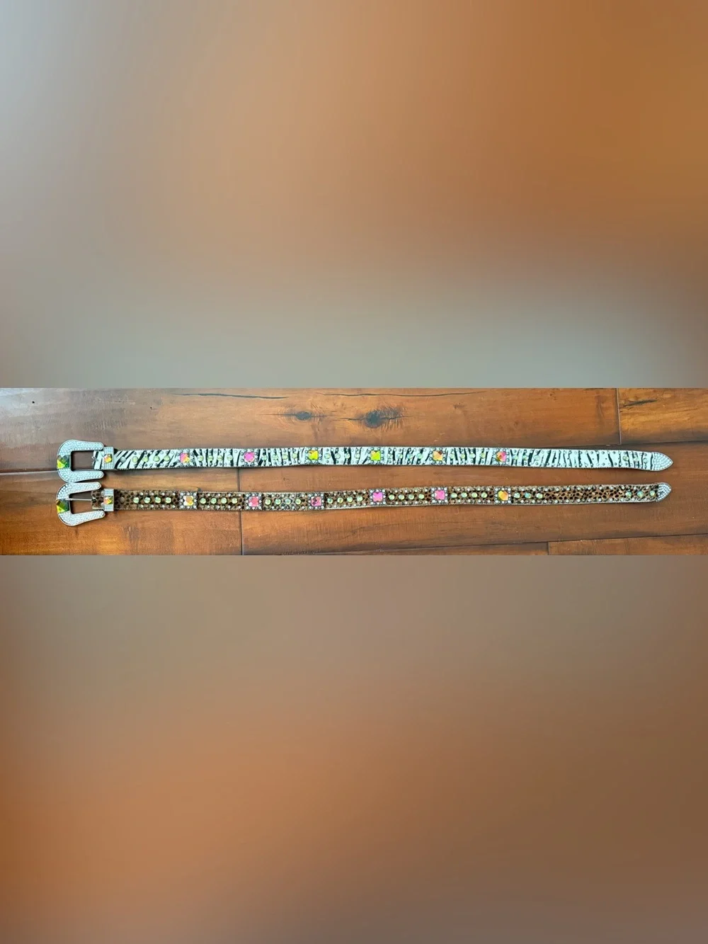 Nocona Zebra & Leopard Crystal-Embellished Belts with Yellow and Pink Stones